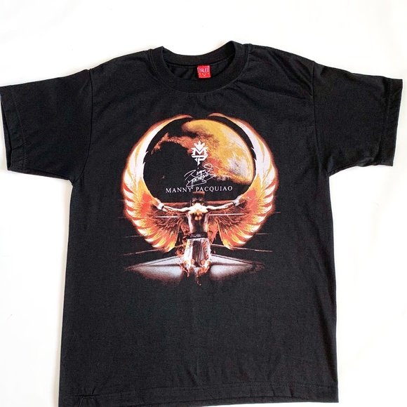 Manny Pacman Pacquiao Black T-Shirt Wings in the Ring Signed - Picture 1 of 4